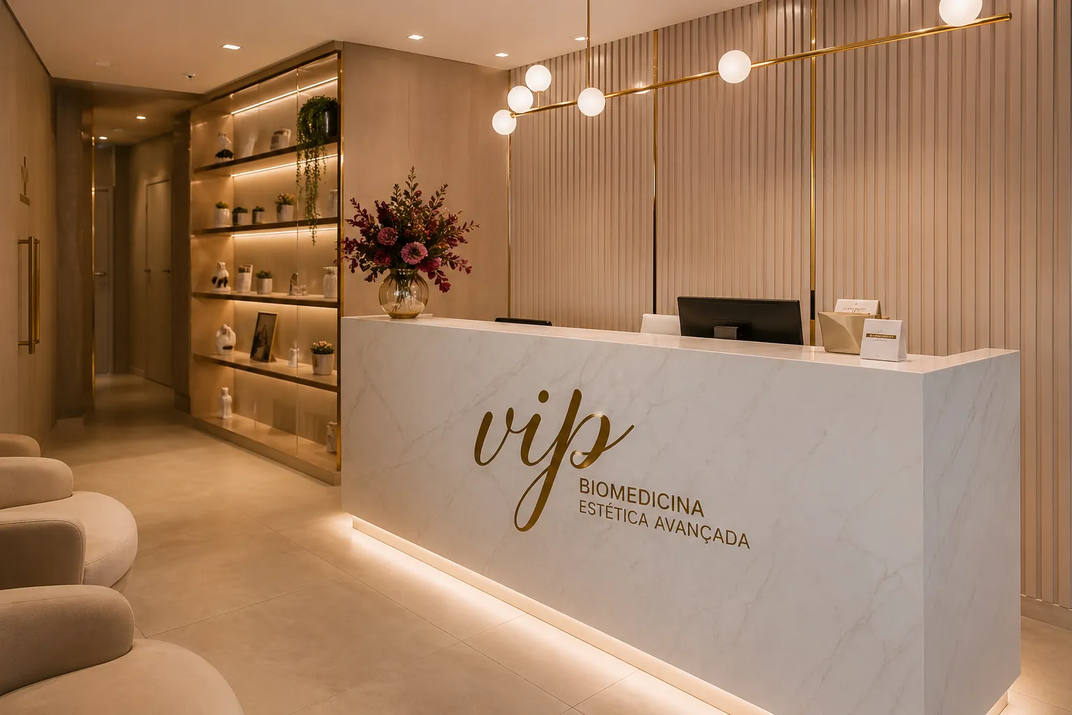 Recepção da VIP Biomedicina — ambiente acolhedor e sofisticado em Belo Horizonte
